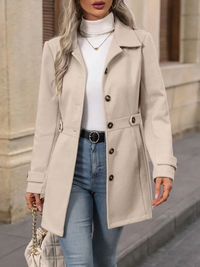Elegant Single breasted Woolen Coat Buttons Lapel Mid length Jacket Temperament Commuter Outwear Clothing For Women Apricot - Shop at LoveMi