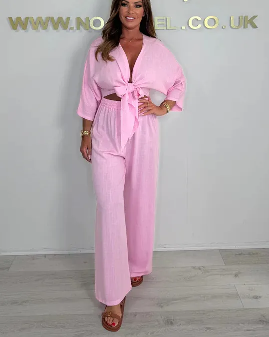 Pure Color Tied Shirt High Waist Straight Casual Pink - Shop at LoveMi