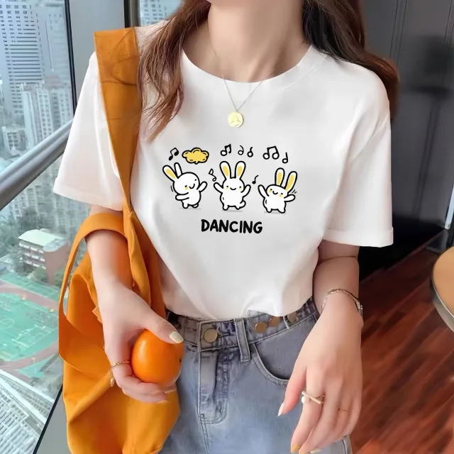 Round Neck Western Style Printed Versatile Harajuku Style Top Pure Cotton Note Rabbit - Shop at LoveMi