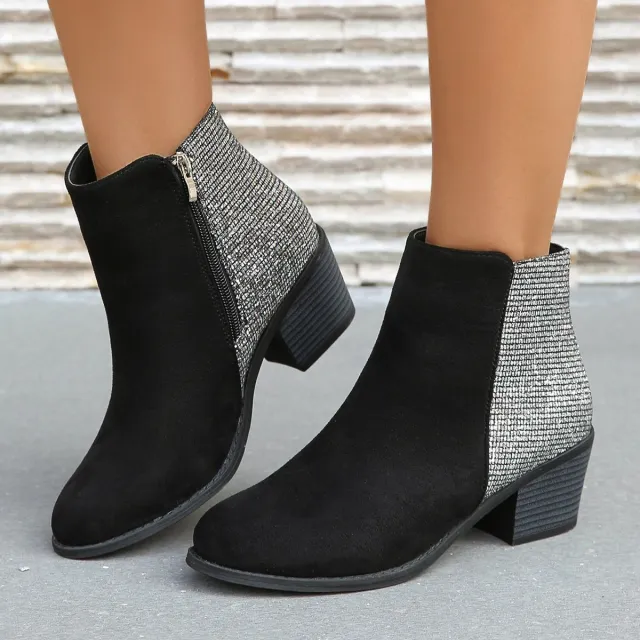 Color blocking Sequin Chunky Heel Plus Size Side Zip Short Boots Women Black - Shop at LoveMi