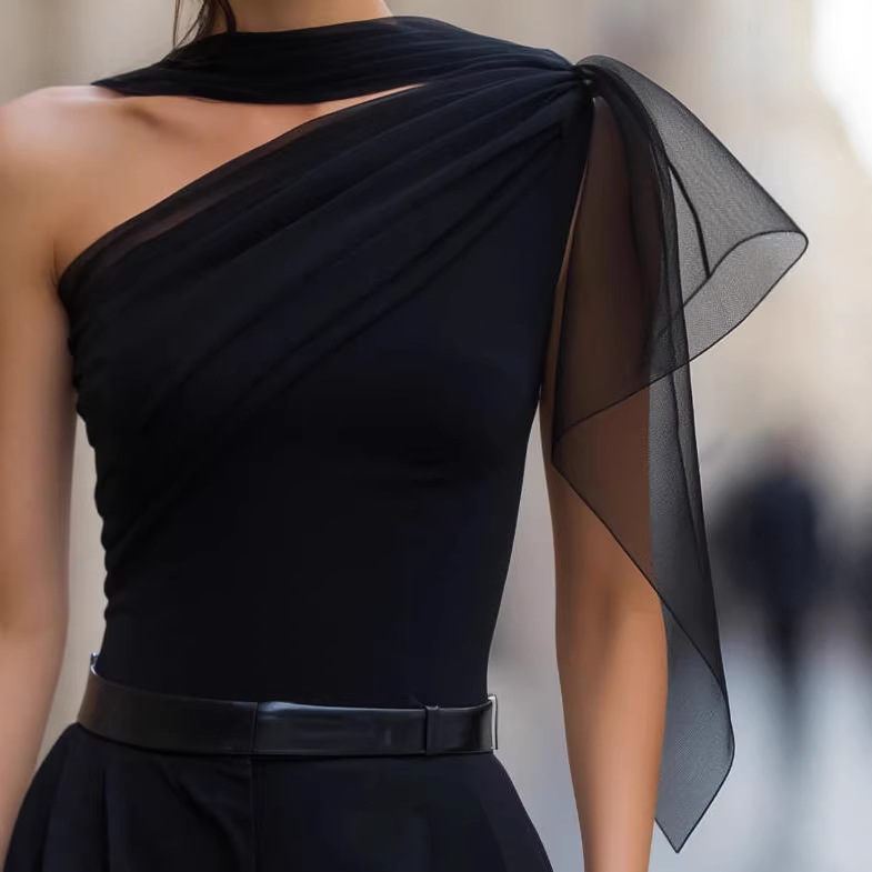 Womens New Black Chiffon One-shoulder Top With Spliced Draping Pleats