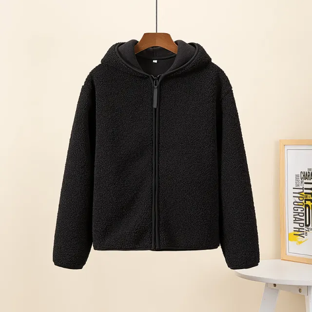 Autumn And Winter Faux Cashmere Polar Fleece Zipper Hooded Long Sleeve Black - Shop at LoveMi