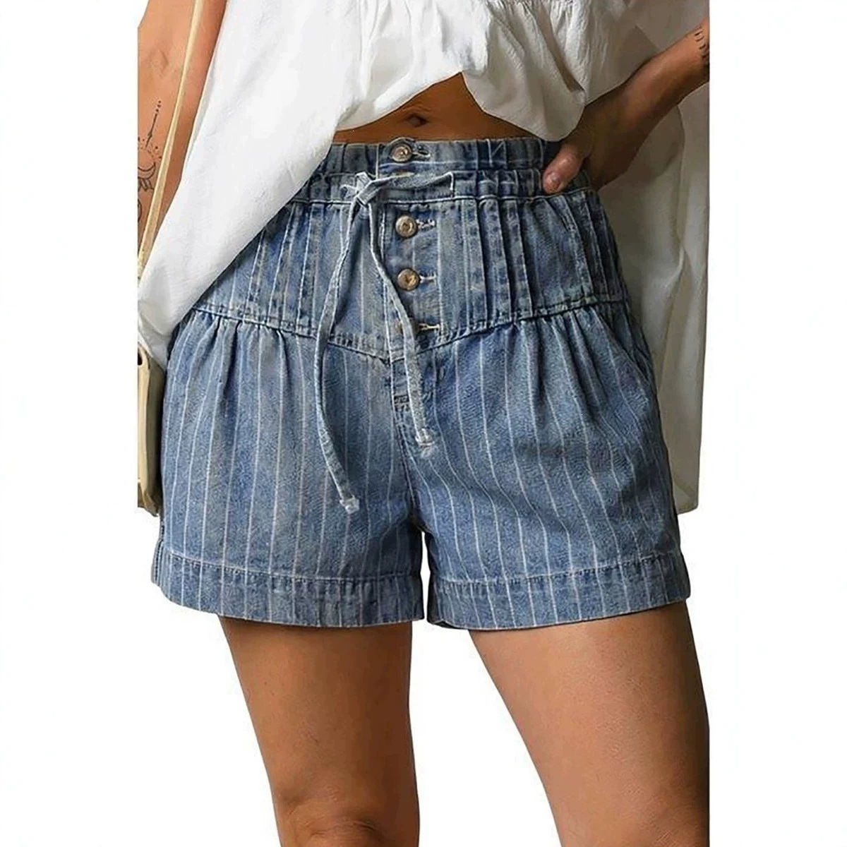 High-waisted Casual Pants Trendy Striped Patchwork Drawstring Jeans