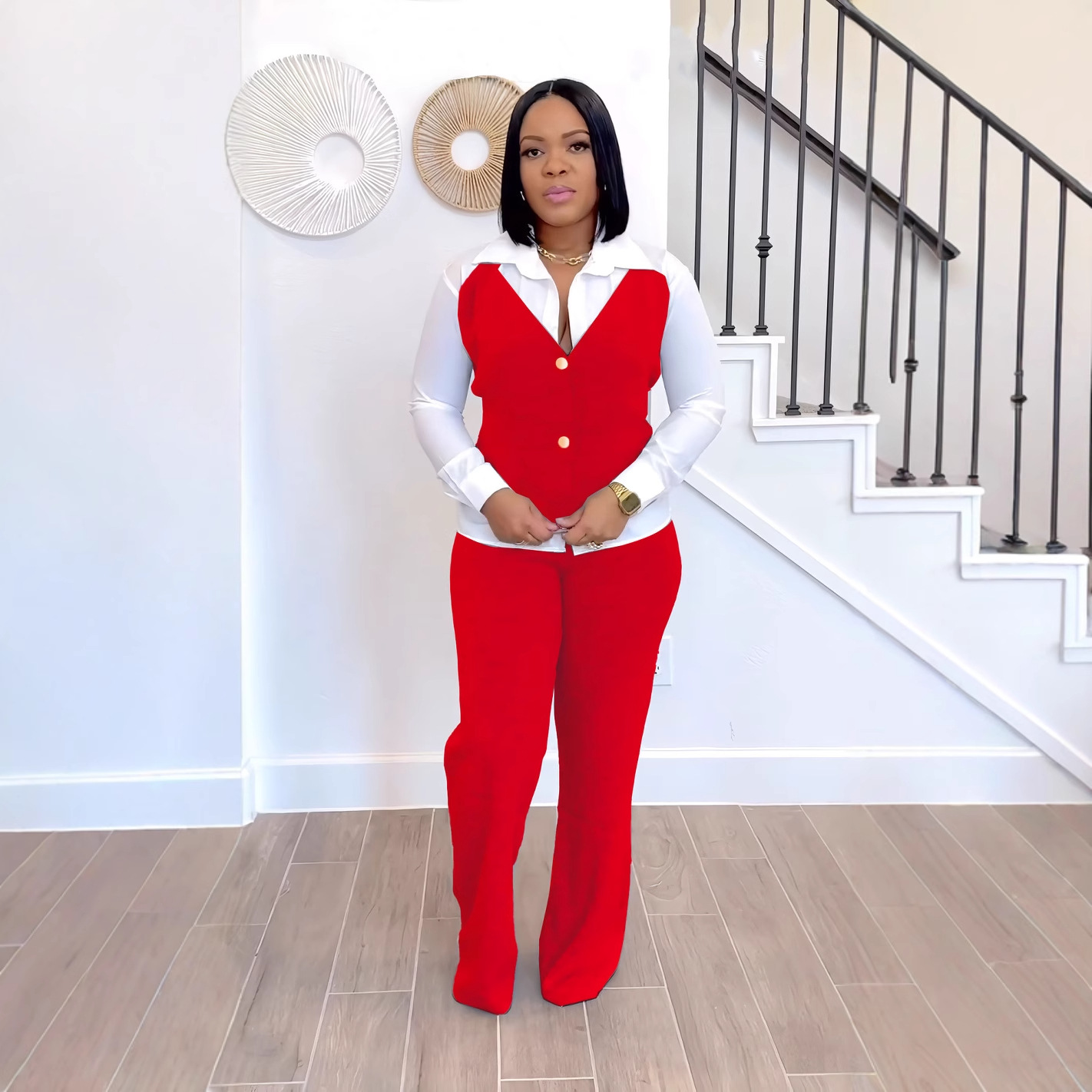 Fake Two Pieces Shirts Vest Stitching Sweater Pants Suit