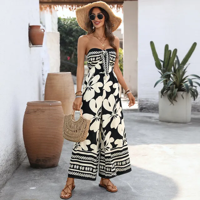 Floral print Lace up Bandeau Backless Jumpsuit Black - Shop at LoveMi
