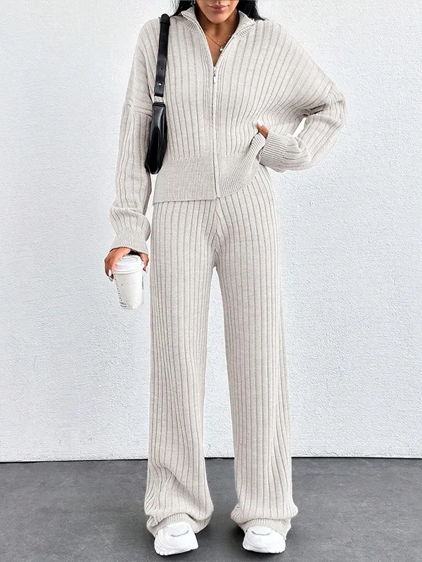 Autumn And Winter New European And American Women's Casual Loose Zip Top And Trousers Two piece Set Beige - Shop at LoveMi