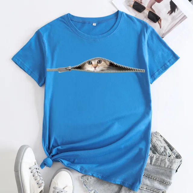 Cat Printing Cotton Round Neck Short Sleeve Women's T shirt Tops Blue - Shop at LoveMi
