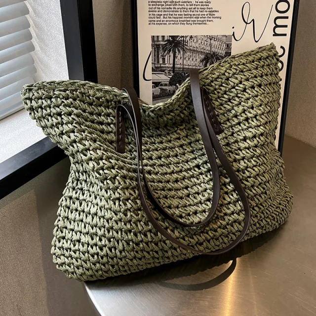 Summer Woven Shoulder Bag Ins Fashion Large Capacity Handbags With Zipper Women's Beach Bags Green - Shop at LoveMi