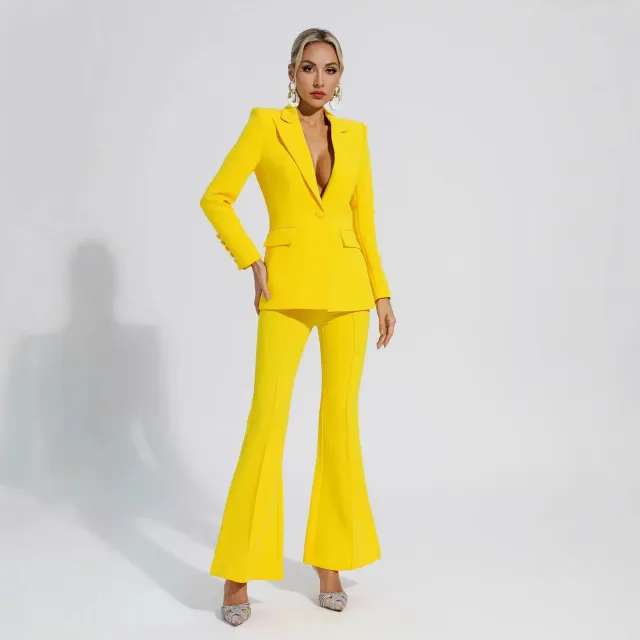 Solid Color Casual Slim Fit Flare Long Sleeve Pantsuit Yellow - Shop at LoveMi