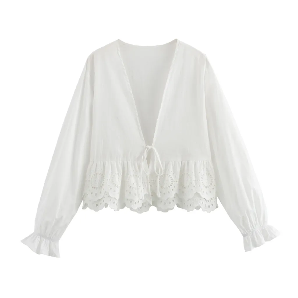 Deep V-neck Long Sleeve Shirt Top - Picture Colour-S