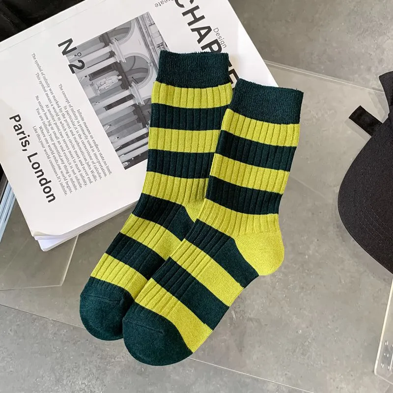 Women's Socks Autumn And Winter Double Needle Fashion Casual - Dark Green Stripes