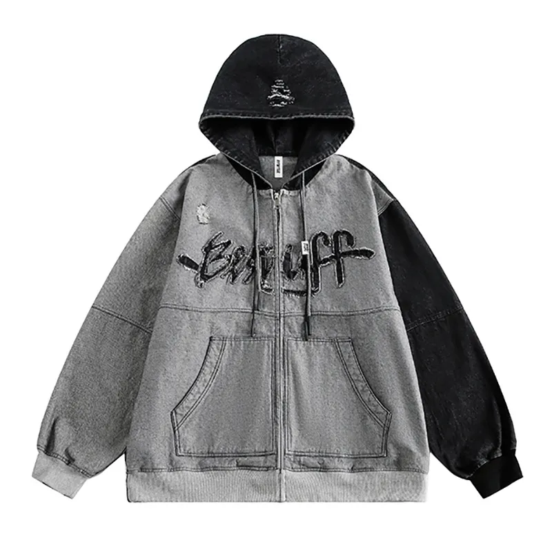 Irregular Stitching Hooded Denim Jacket Women - Shadow Gray