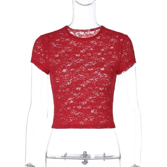 Women's Fashion Lace See through Slim Top Red - Shop at LoveMi