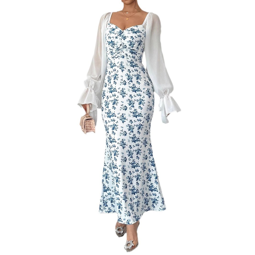 Long Sleeve V neck Chiffon Spliced Knit Print Bodycon Dress White - Shop at LoveMi