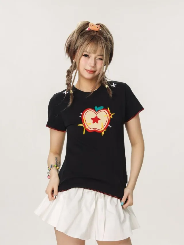 Women's Casual Sweet And Spicy Towel Embroidered Short Sleeve Black - Shop at LoveMi