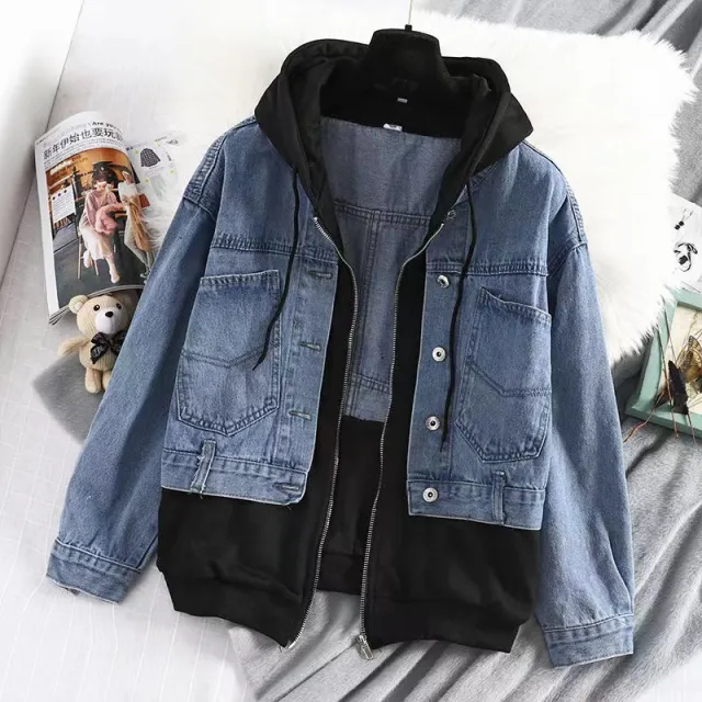 Loose Casual Denim Jacket Sweater Coat With Hat Black - Shop at LoveMi