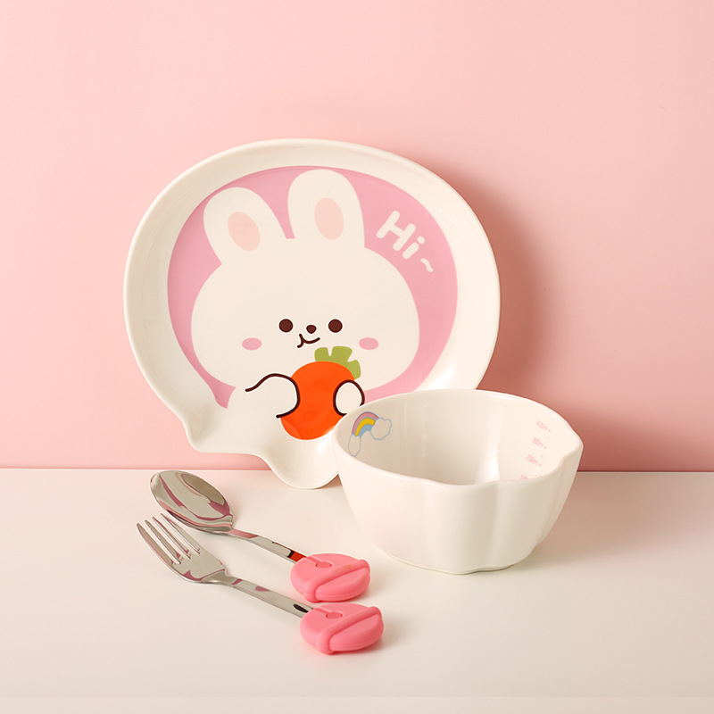Tableware Set Cute Rabbit Children's Dinner Plate One Person Cup Bowl Creative Compartment Tray Breakfast Plate
