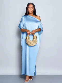 Women's Solid-Colour Casual Loose Satin Dress - Blue - View 1