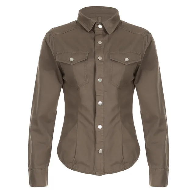 Retro Pleated Lapel Breasted Slim Fit Denim Shirt For Women Brown - Shop at LoveMi