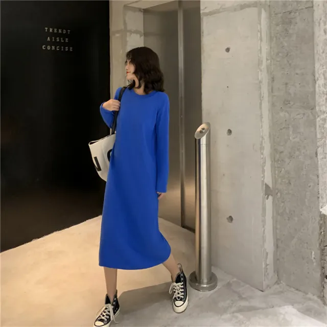 Loose fitting Figure flattering Long sleeved Straight cut Solid color Dress Blue - Shop at LoveMi