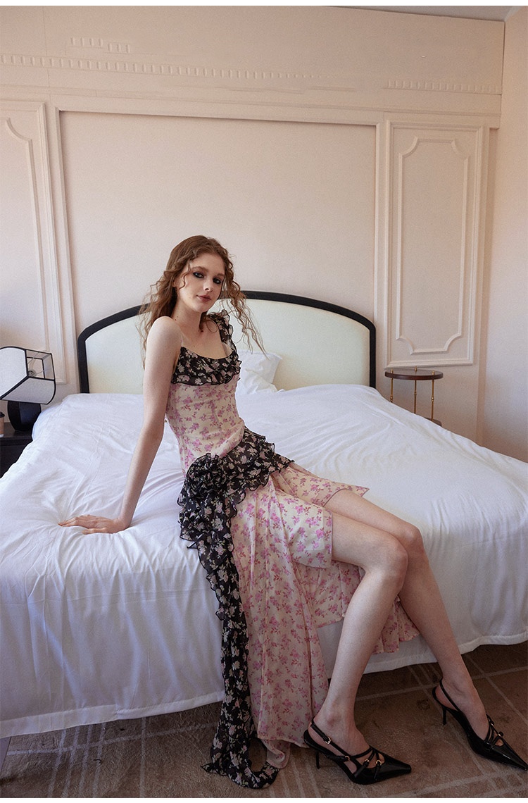 Irregular Floral Contrast Color Waist-tight Split Sling Dress