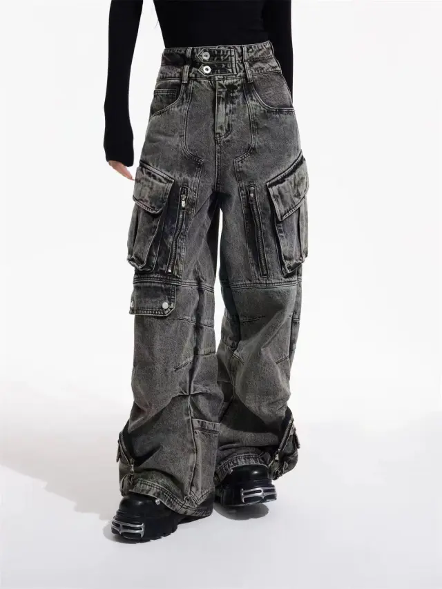 Design Retro Overalls Style Multi pocket Jeans Dark Gray - Shop at LoveMi