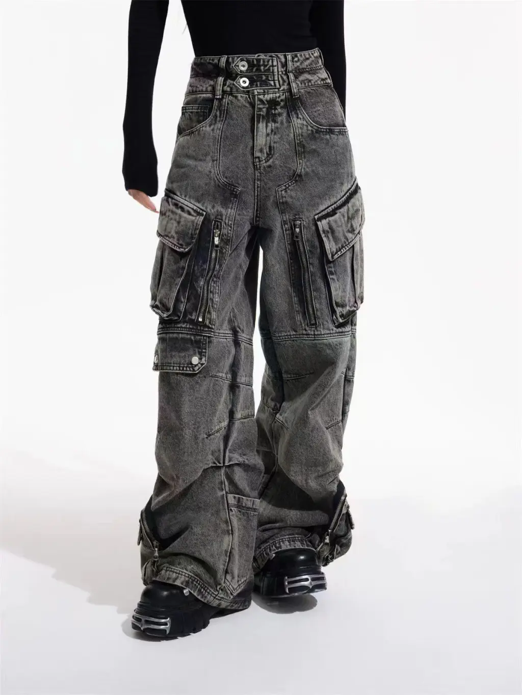 Design Retro Overalls Style Multi-pocket Jeans - Dark Gray
