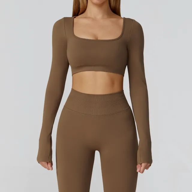 Slim Fit Seamless Yoga Clothes Hollow out Beauty Back Yoga Long Sleeve Brown - Shop at LoveMi