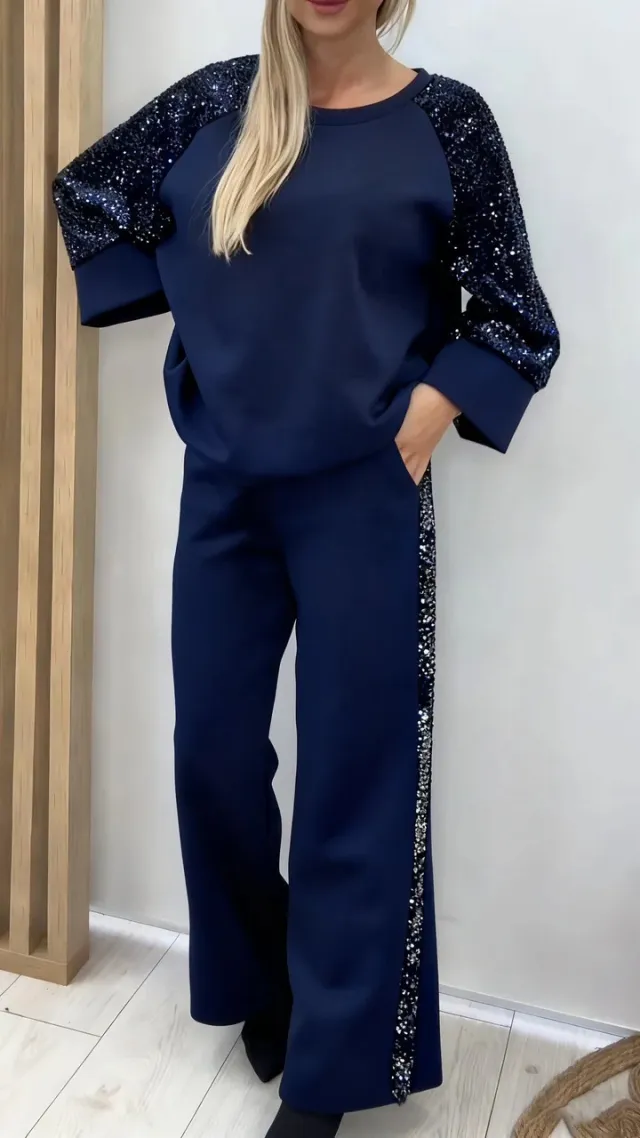 Sequined Patchwork Long Sleeve Crew Neck Sweatshirt And Sweatpants Set Blue - Shop at LoveMi