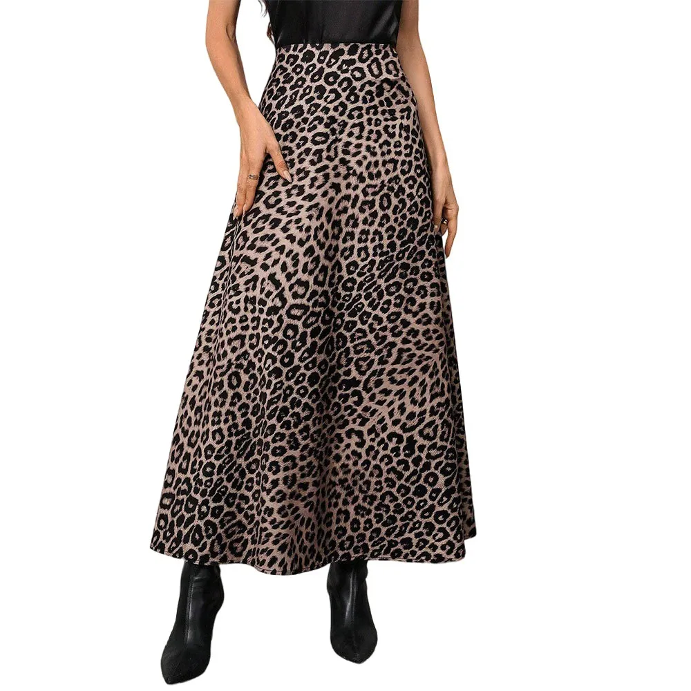 Womens Retro Leopard-Print Full A-Line Skirt - Leopard