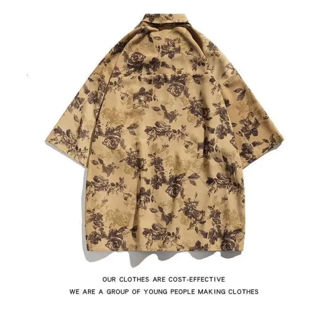 Retro Style Floral Short sleeved Shirt Women's Niche Style Flower Shirt Top Khaki - Shop at LoveMi