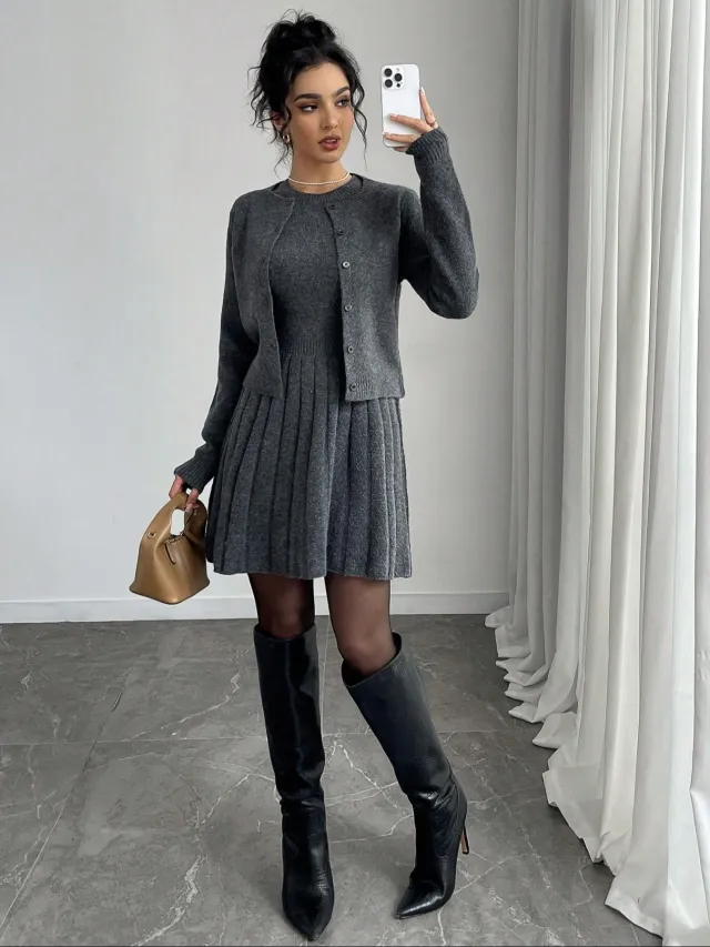 European And American Women's Clothing New Fashionable Knitted Dress Coat Dark Gray - Shop at LoveMi