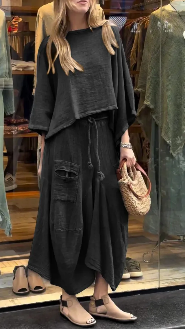 Casual Solid Color Loose Dress Two piece Suit Black - Shop at LoveMi