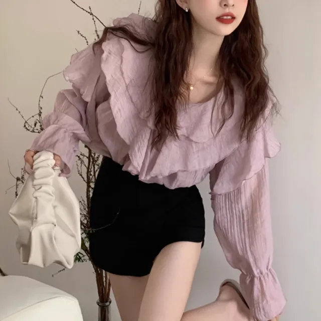 Womens Solid Color Irregular Chiffon Long Sleeve Shirt Purple - Shop at LoveMi
