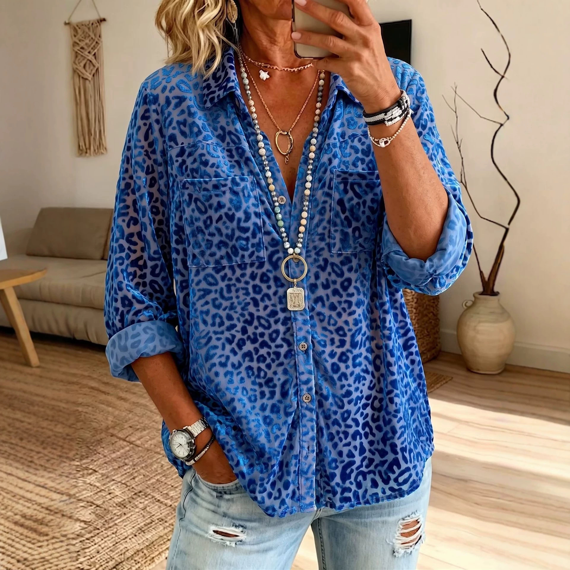Leopard-print Long-sleeve Loose-fit Casual Top