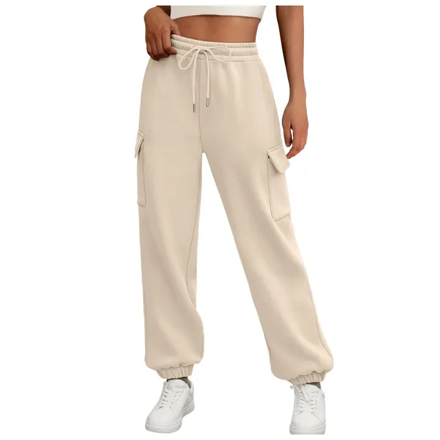 Women's Sweatpants Fleece Lined Baggy Athletic Jogger Trousers With Pockets Fall Casual Trendy Cargo Pants Fall Outfits Beige - Shop at LoveMi