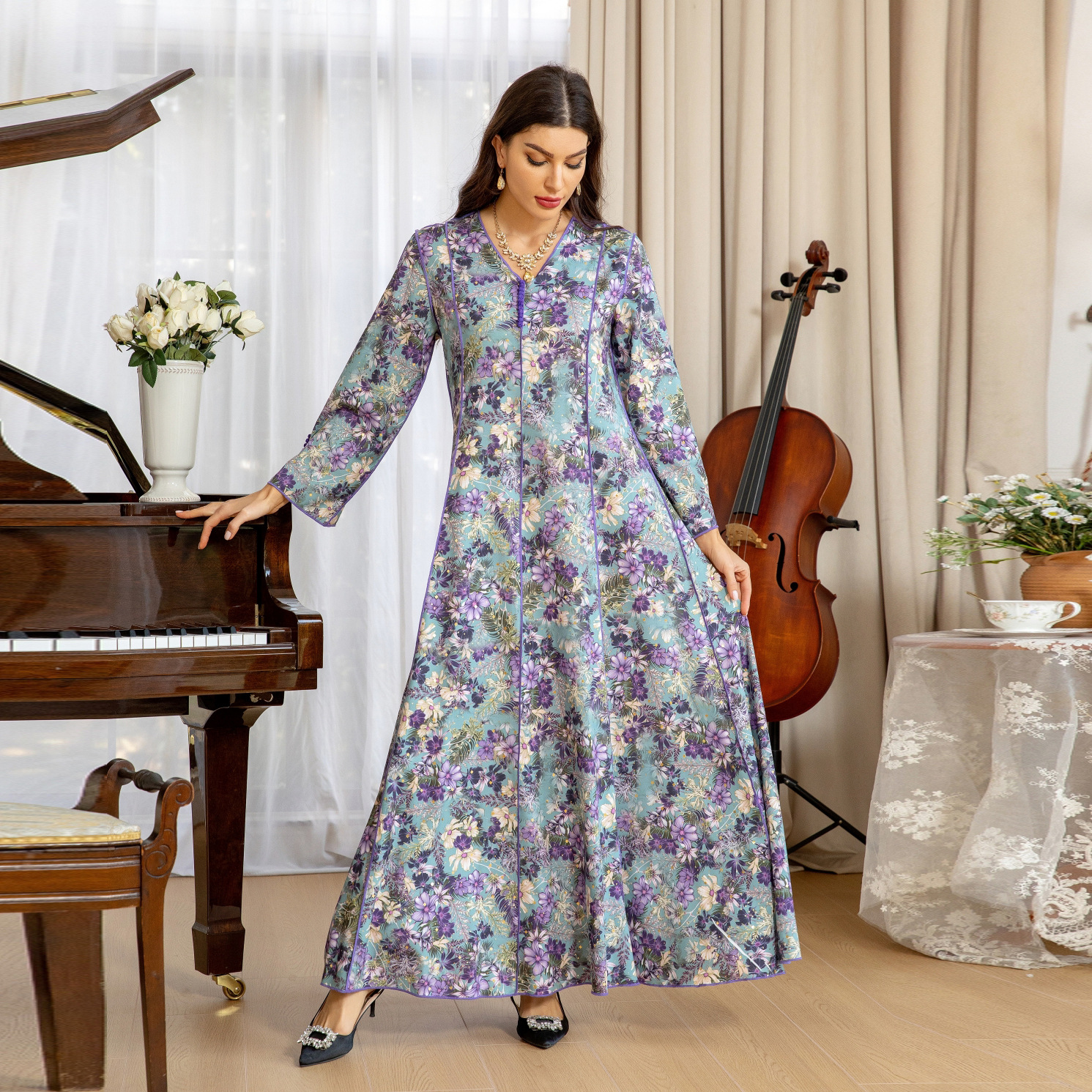 Fashion Floral Print Robe Dress