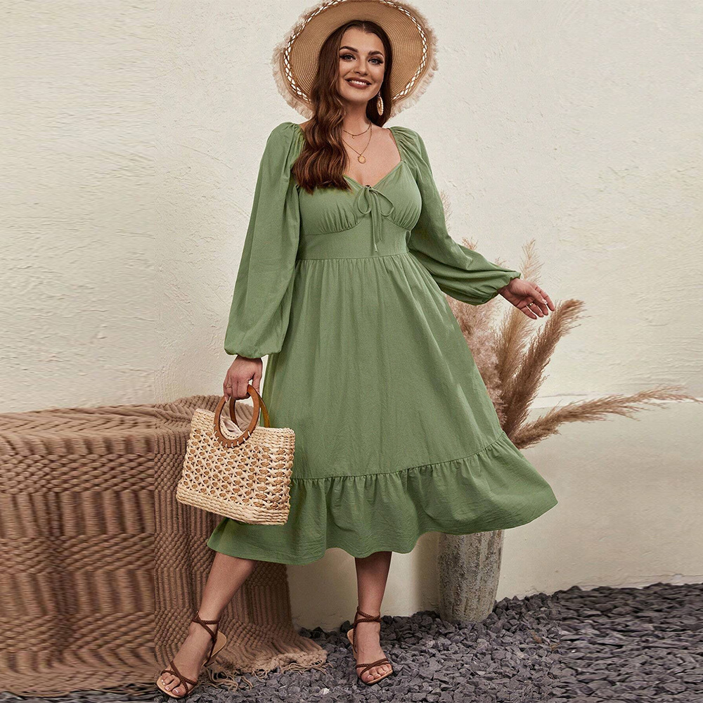 Waist tight Large Skirt With Chicken Collar Puff Sleeve Pastoral Style Long Sleeve Dress Green - Shop at LoveMi