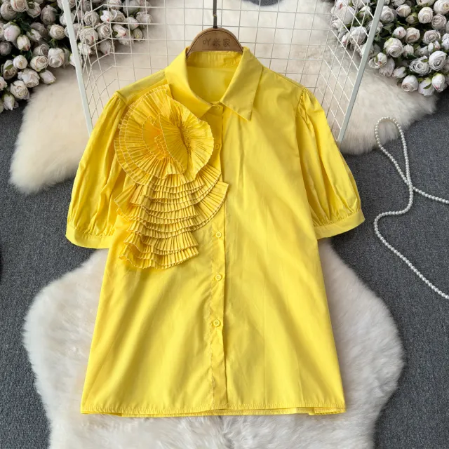 Heavy Industry Three dimensional Flower Lapel Pleated Slim Top Yellow - Shop at LoveMi