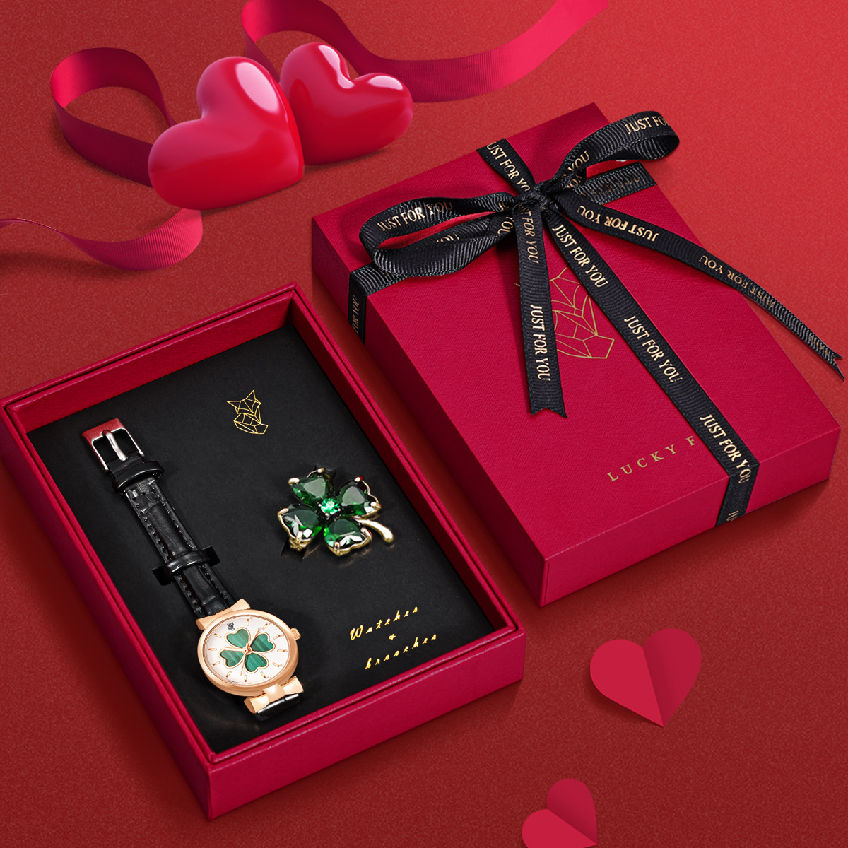 دبوس ساعة نسائي بتصميم رباعي الأوراق الكوارتز الكلاسيكي