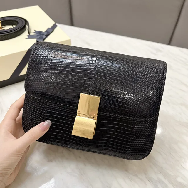 Square Bag Women's Messenger Lizard Pattern Cowhide Box Black - Shop at LoveMi