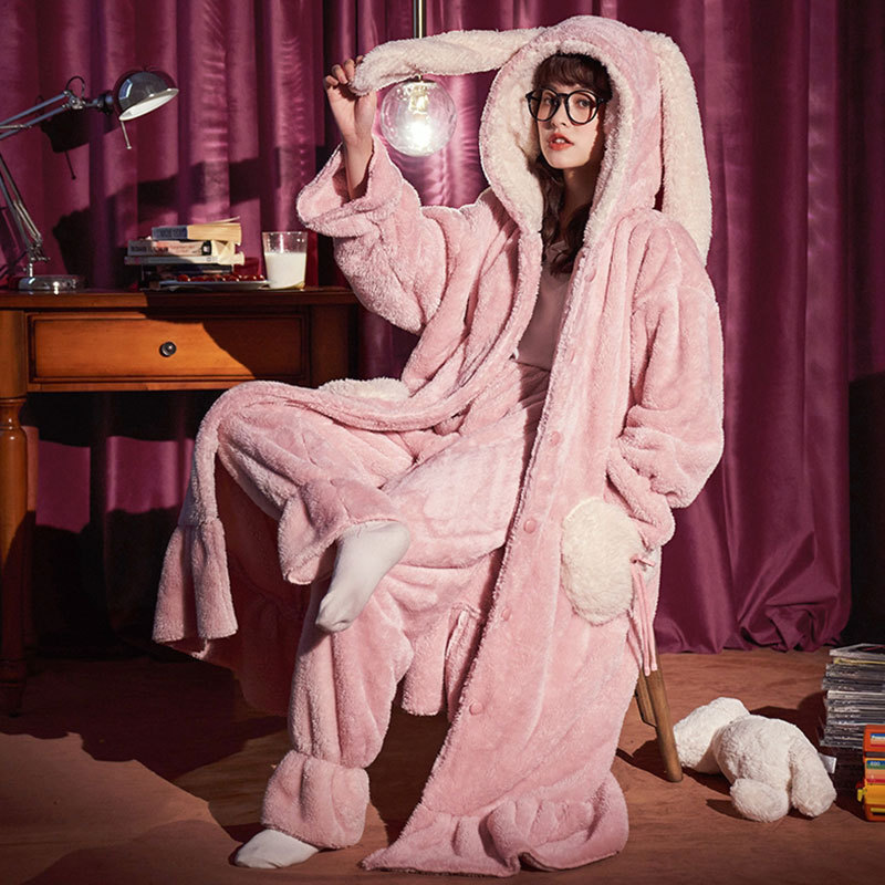 Title 9, Coral Fleece Long Nightgown Long Ears Hooded Ho...