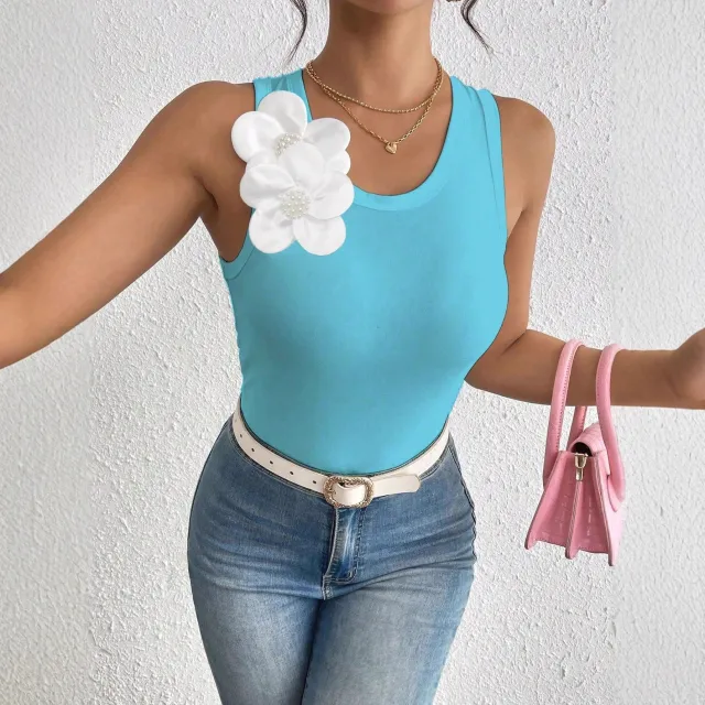 Womens Sleeveless 3D Floral Decorated Solid Color Tank Top Blue - Shop at LoveMi
