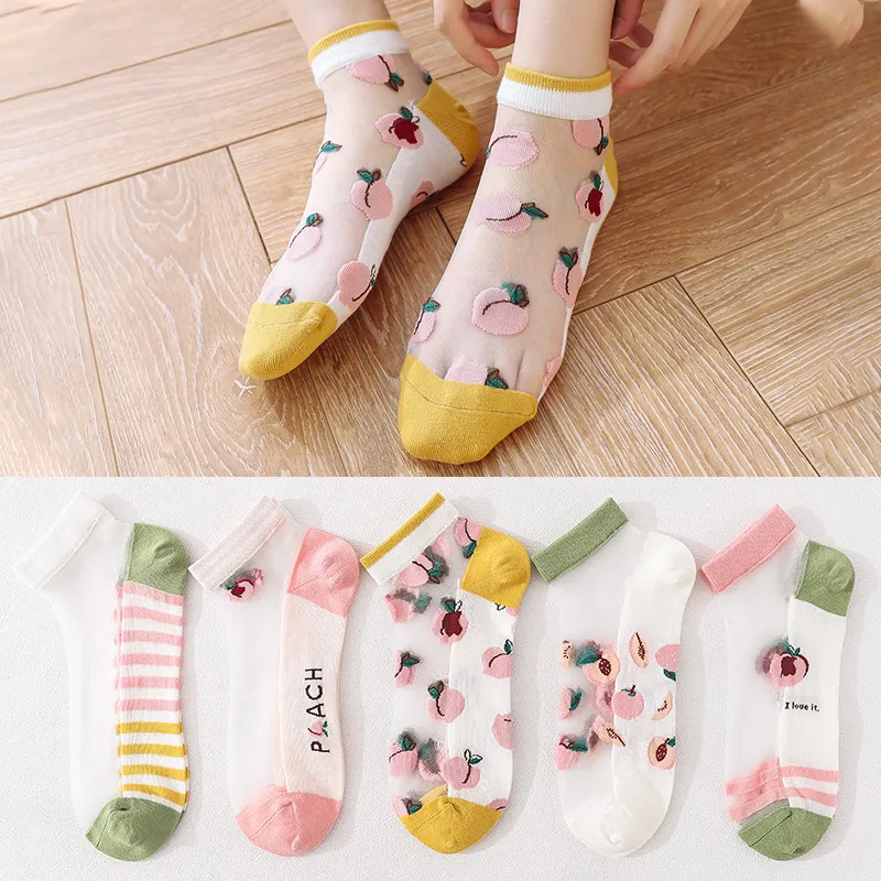 Women's Low-cut Liners Ice Silk Transparent Crystal Glass Silk Socks - Peach