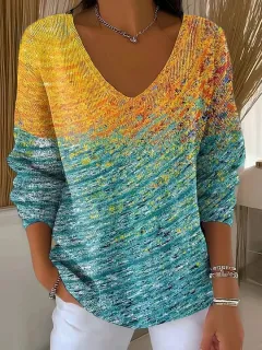 Drop Shoulder V-neck Long Sleeve Pullover 3D Digital Printing Women's Top T-shirt - 01-M - View 1