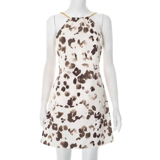 Fashion Irregular Pattern Print Halter Backless Sling Dress Apricot - Shop at LoveMi
