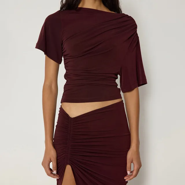European And American Solid Color Off neck Pleated Slim Vest T shirt Red - Shop at LoveMi
