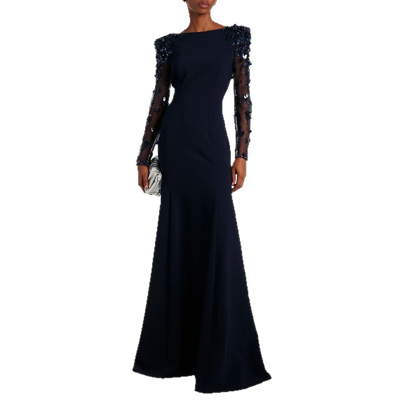 Womens Long Mesh Sleeve Sequin Beaded And Diamond-Embellished Dress