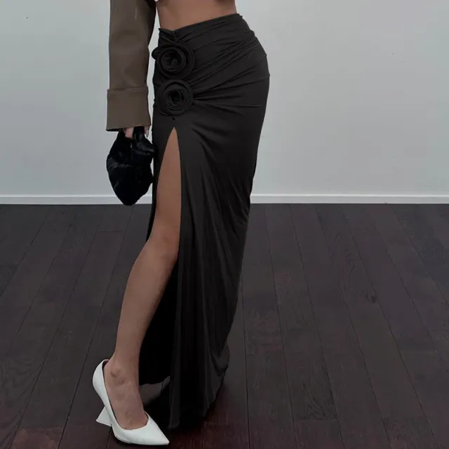 French Style Temperament High Waist Crimp Flower Decorative Skirt Black - Shop at LoveMi