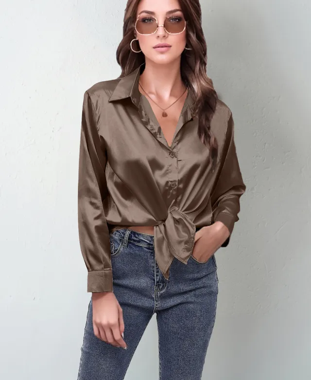 Women's Silk like Long sleeved Shirt Top Camel - Shop at LoveMi
